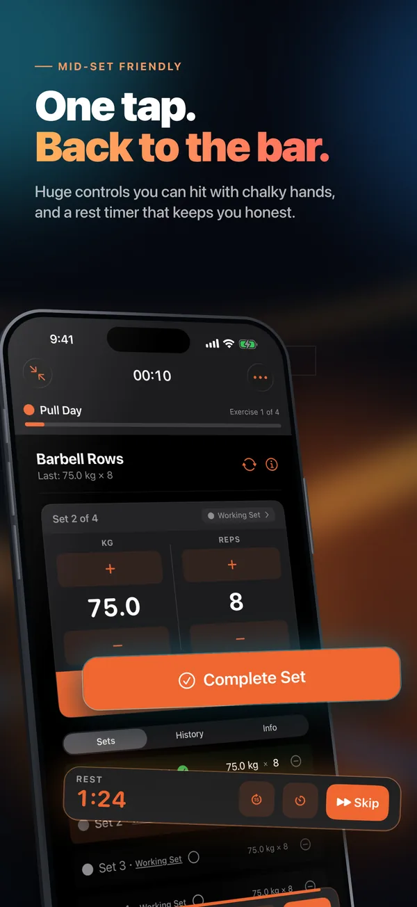 One tap logging and rest timer